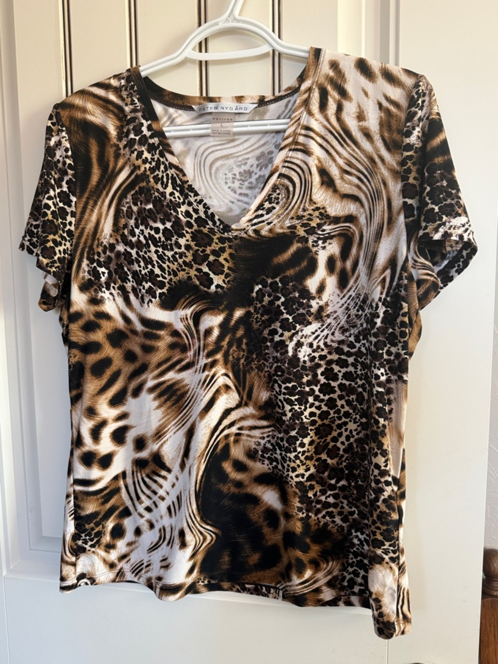 Peter Nygard LP Vibrant Brown, Black, Tan and White Animal Print V-Neck Tee.